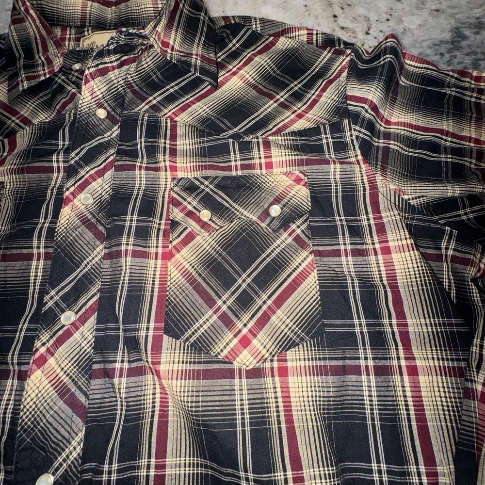 Wrangler Men's XL Pearl Snap Plaid Short Brown Western Cowboy Rodeo Long Sleeve